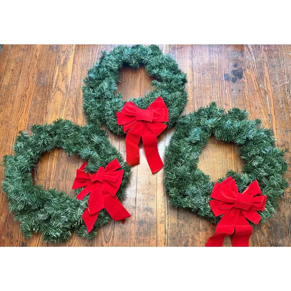 Lot of 3 Red Velvet Bow Christmas Wreaths - Wire Backs - Appx 20”d when fluffed